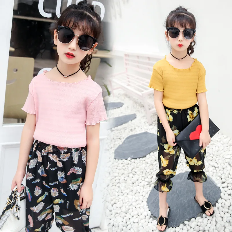 

Summer New Product Girl Suit Short Sleeve Shivering Two Pieces Seven Part Pants Hot Kids Clothing