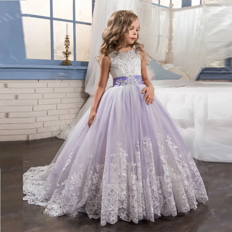 

Princess Lilac Little Bride Long Pageant Dress for Girls Glitz 2019 Puffy Tulle Prom Dress Children Graduation Gown Vestido
