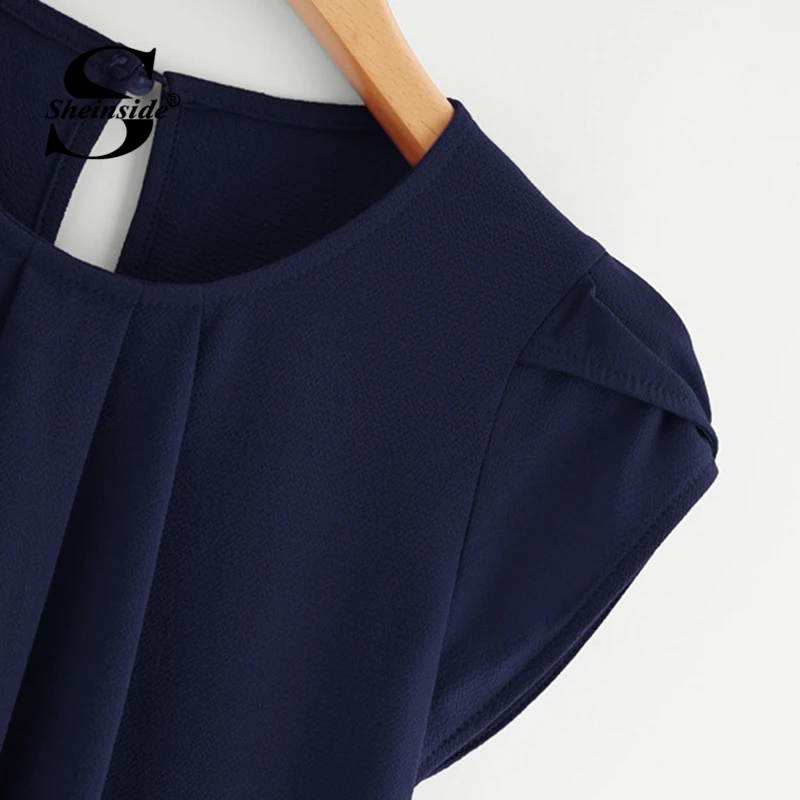 Sheinside Petal Sleeve Pleated Detail Blouse 2018 Summer Round Neck Cap Sleeve Blouse Women Navy OL Work Casual Blouse