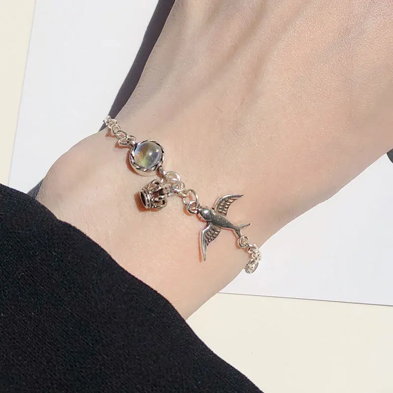 

retro Authentic 925 Sterling silver Handmade MOONSTONE & swallow Crown European Beads chain Bracelet fine jewelry TLS179