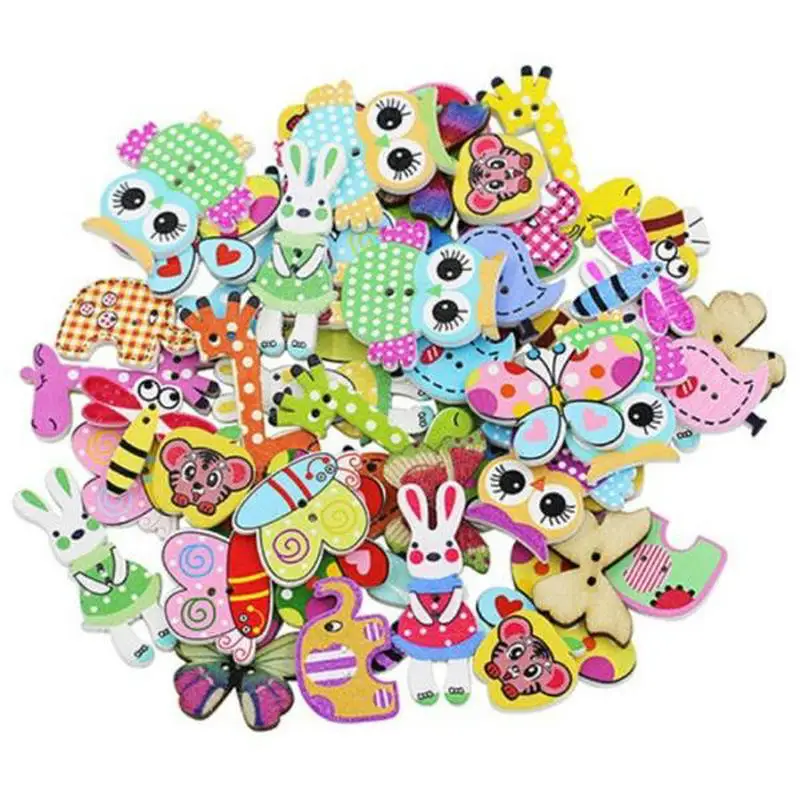 50pcs/pack Mixed Wooden Sewing Buttons for Handcrafts Scrapbooking Accessories Decorative Chic Animal Wooden buttons for crafts