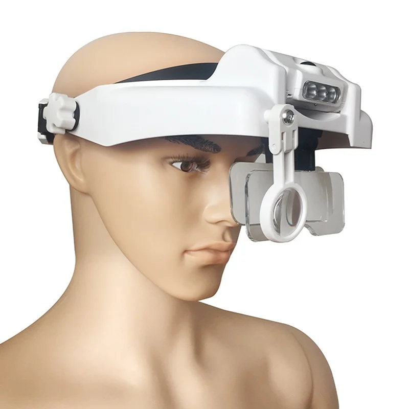 Headband Magnifier 1.0X/1.5X/2.0X/2.5X/3.5X/8X Helmet Dental Magnifying Glass with Interchangeable Lens LED Light Third Hand
