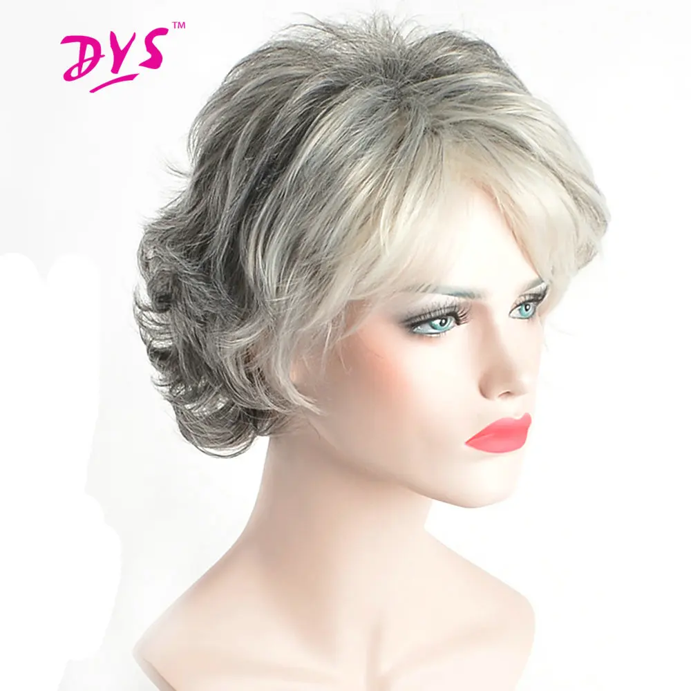 Deyngs Short Ombre Bouncy Curly Wigs For Black Women Natural Synthetic Black To Blonde/Gray Color Brazilian Hair High Teperature