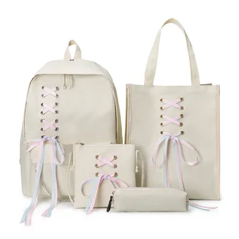 

Backpack Women Canvas 5pcs/set Women Backpack Teenager Girls Backpacks Shoulder Bag Female Student School Bags Tassel #YL5