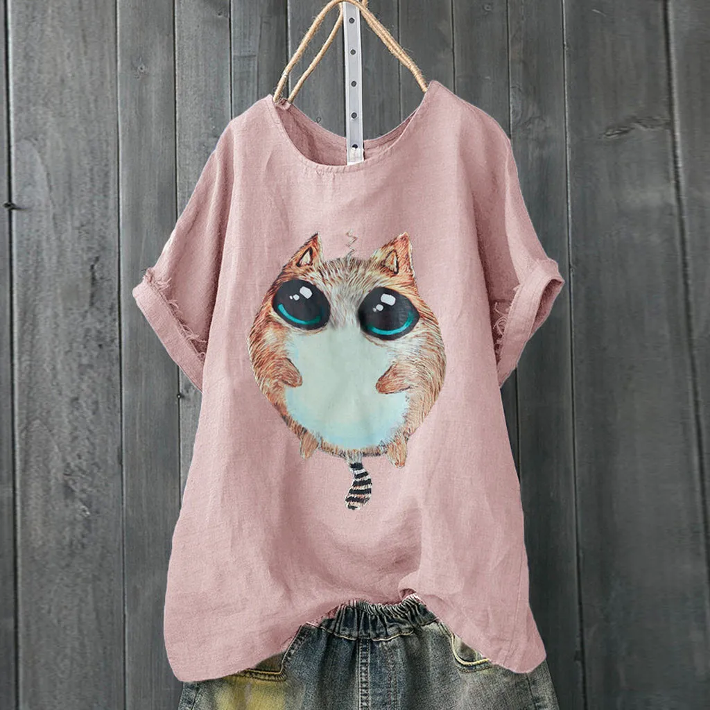 

ISHOWTIENDA Summer Blouse Fashion Women Plus Size Cotton And Linen Cartoon Blouse O-Neck Short Sleeve Tops Blusas Mujer De Moda
