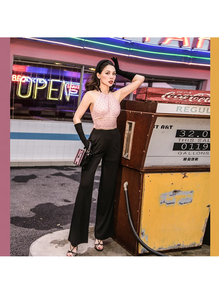 

Le Palais Vintage Summer Hepburn Style Pink Dot Hollow Out Wide Legged Sexy Jumpsuits for Women 2019
