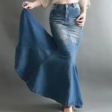 Весна осень женские длинные юбки винтажные джинсовые юбки тонкие юбки стрейч ковбойские синие джинсовые юбки