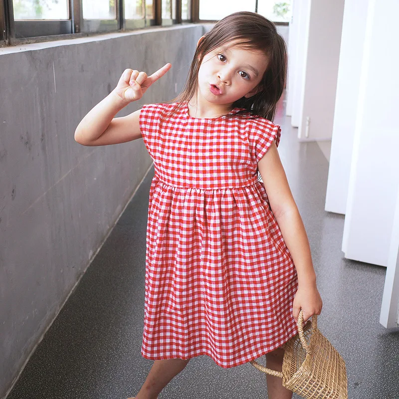 

Sifafos girls dress 2019 summer plaid dress cotton linen female children robe fille kids clothes vestidos