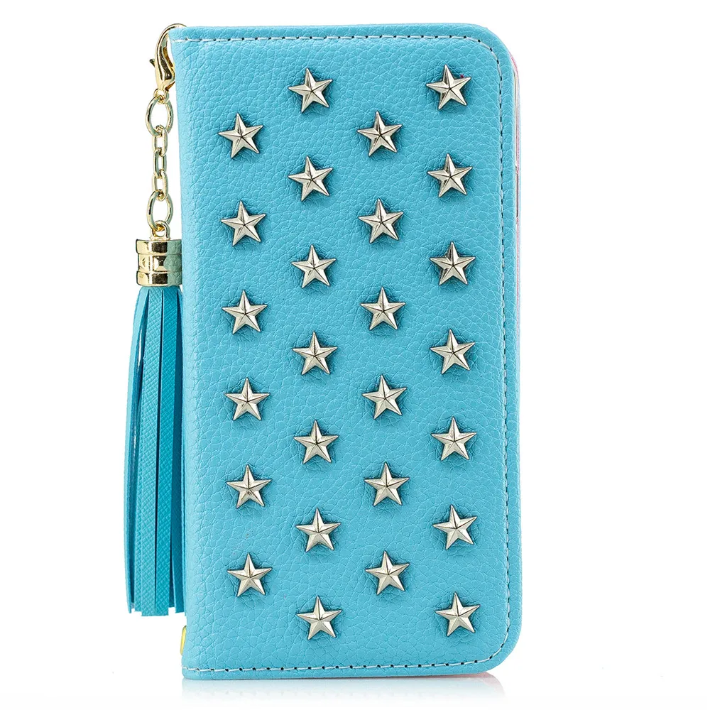 Роскошный кожаный чехол-книжка для Iphone Xs 11 pro MAX XR X 8 7 6s Plus, зеркальный кошелек ручной работы с заклепками и звездами, чехол-книжка с кисточками и ремешком - Цвет: Синий