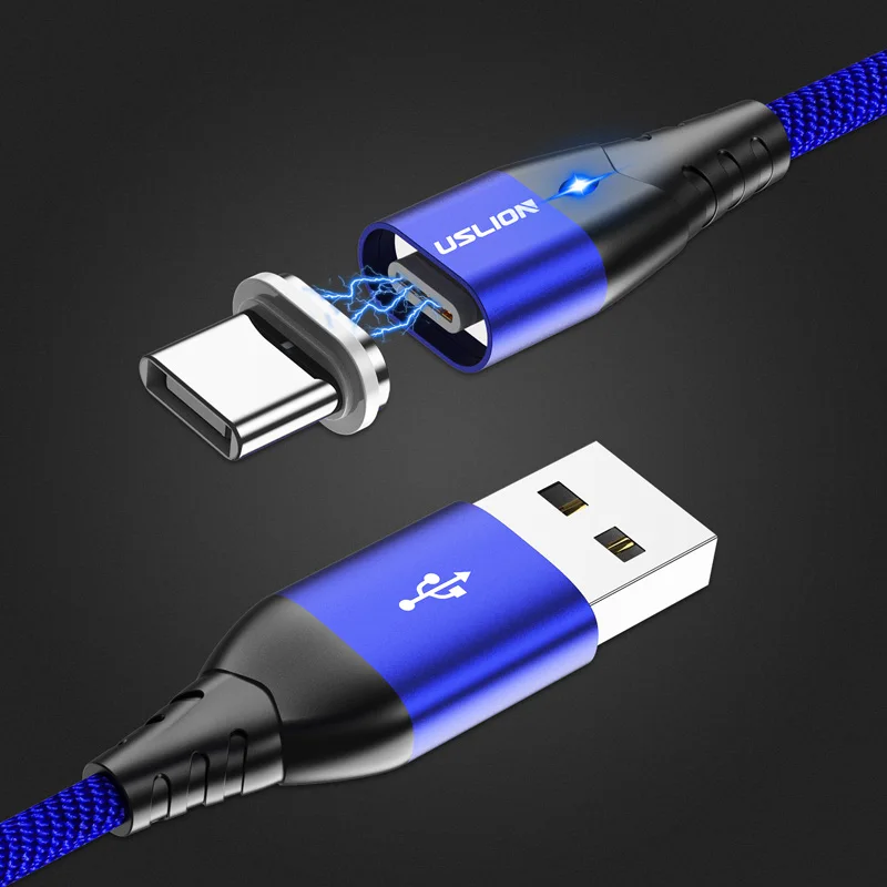 Магнитный usb-кабель USLION с магнитной вилкой и кабелем USB типа C и кабелем Micro usb 1 м USB кабель для быстрой зарядки samsung Xiaomi - Цвет: blue