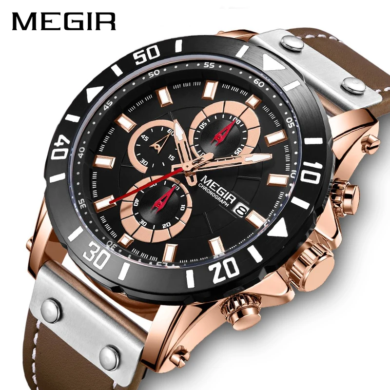 

MEGIR New Sport Mens Watch Top Brand Luxury Leather Quartz Chronograph Watch Men Clock Wristwatches Relogio Masculino Gift