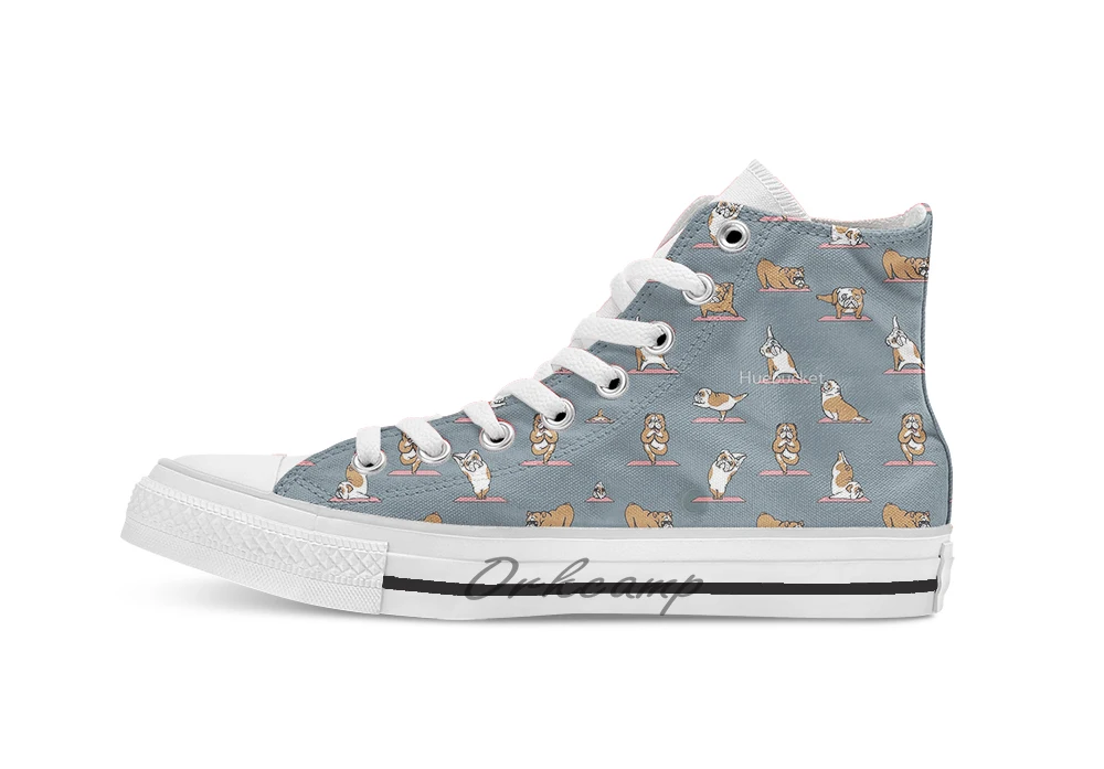 

English Bulldog Yoga Novelty Design breathable casual High Top lace-up Canvas shoes sneakers