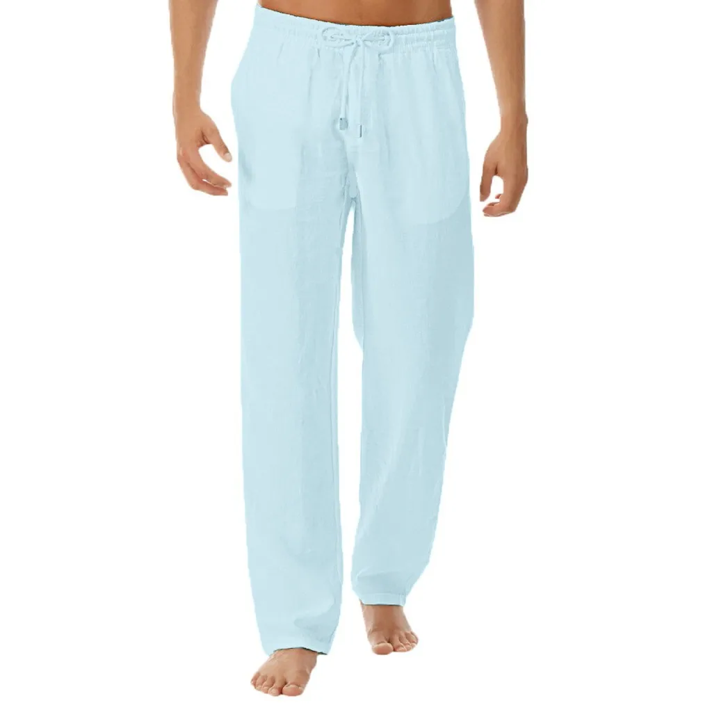 Льняные брюки, мужские брюки, летние, повседневные, эластичный пояс, свободные, мужские, одноцветные, прямые, комбинезоны размера плюс, 3XL, брюки, 6 цветов, L0709 - Цвет: Blue