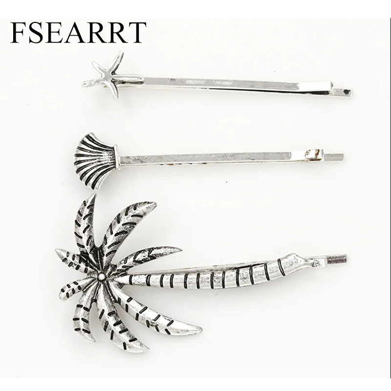 3 Barrettes Coconut Tree Shell Starfish Per Set Seashore Beach Style Gold Silver Hair Clips and