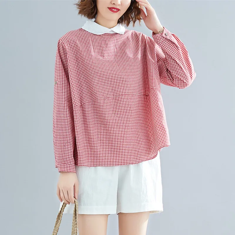 

Johnature Casual Korean Turn-down Collar Plaid Loose Tops 2019 Spring Summer New Simple Women Cotton Linen Shirts Black Red