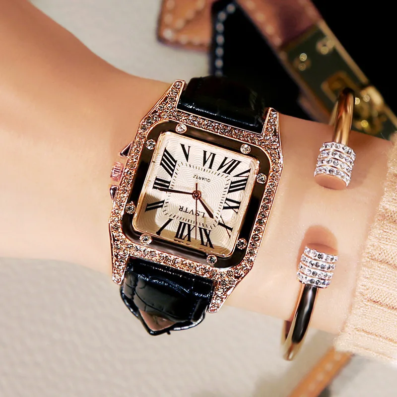 

2019 Luxury Brand Lady Crystal Watch Women Dress Watch Fashion Rhinestone Quartz Watches Female Leather Strap Wristwatches