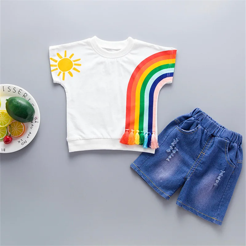 

2018 Explosion Models Summer Children Short-sleeved Sets Fashion Rainbow Short-sleeve T-shirt + Denim Shorts Two-piece 1-3 Year