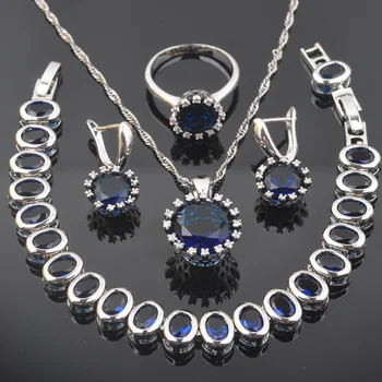 

Dubai Jewelry Sets For Women Wedding Jewellry Round Blue Zirconia Bracelet Necklace And Earrings Ring Set Fast Ship QS0527