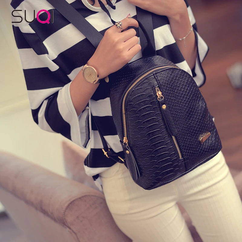 SUQI Pu leather Women Backpack Fashion Casual Codra Small Iron T-type mini backpacks for girls Mochila Women Backpack