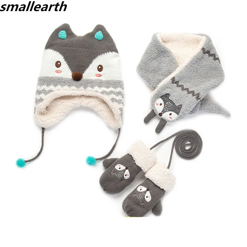 

2019 Winter Children Warm Thick Hat Scarf Gloves 3pcs Set Fox Knitted Baby Kids Beanies Cap Neck Warmers Gloves For Boys Girls