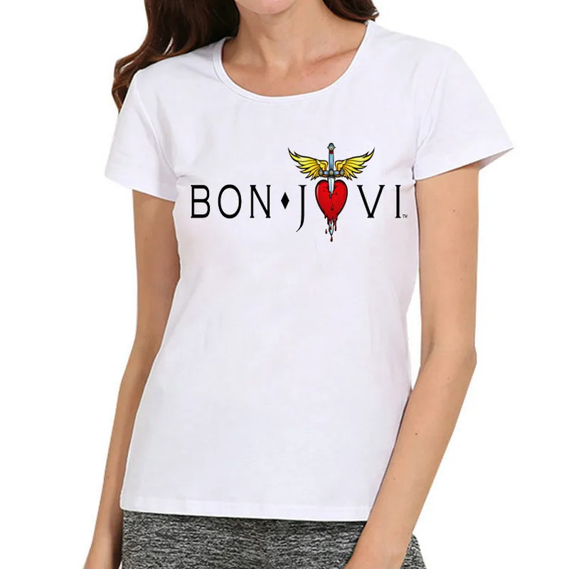 

Print Funny Summer T shirt Women Short Sleeve T-Shirt Tops Cheap Female Bon Jovi Logo Music Star