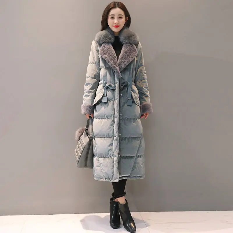 2018 Winter Women White Duck Down Jacket Suit Collar Fox Fur Collar Gold Velvet Thick Coat Female Slim Warm Long Outwear O815 2018 Winter Women White Duck Down Jacket Suit Collar Fox Fur Collar Gold Velvet Thick Coat Female Slim Warm Long Outwear O815