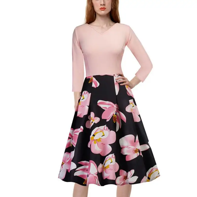 

Womens Elegant Vintage Rockabilly Floral Flower Print Pinup V Neck Casual Party Bodycon Sheath Dress with Pockets G26