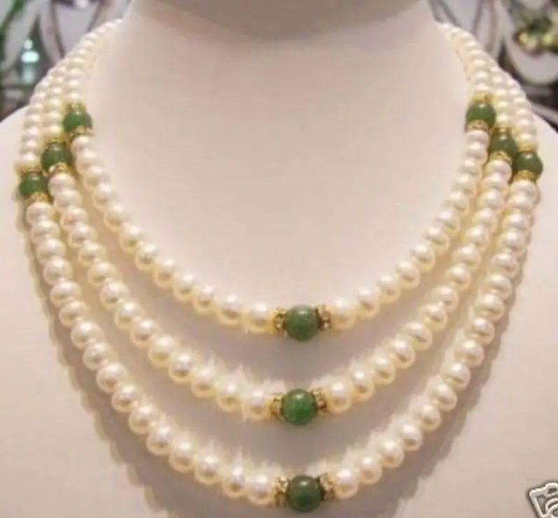 Hot sale Free Shipping Genuine 7 8 mm freshwater pearl and green jade necklace