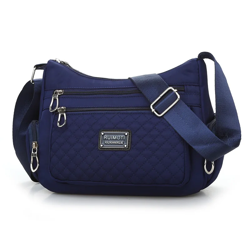 Модная женская сумка-мессенджер на шесть застежек-молний с узором в виде ромбовидной решетки, Высококачественная Водонепроницаемая нейлоновая сумка с несколькими карманами через плечо - Цвет: Dark Blue