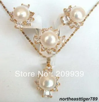 

huij 00196 Real White Pearl 18KGP Crystal Pendant Neckace Earrings Ring 4.29