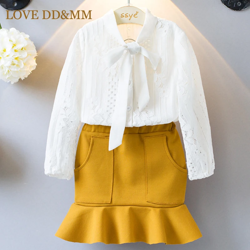 

LOVE DD&MM Girls Sets 2019 Spring New Children's Fashion Lace Long-Sleeved Shirt + Lotus Leaf Skirt Two-Piece Suit