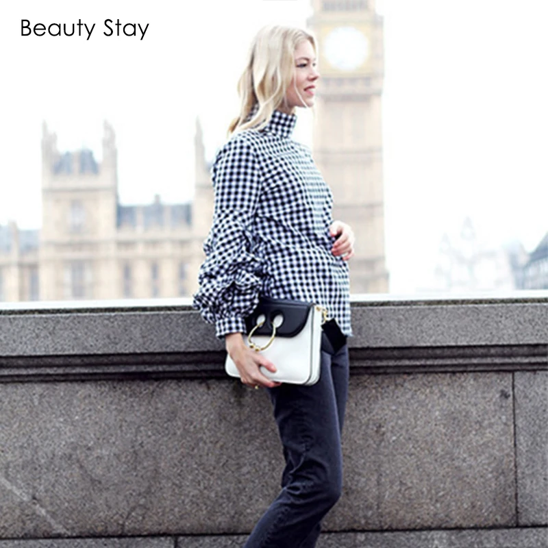 BeautyStay 2018 Для женщин Frill Sleeve плед блузка дамы Винтаж Летние Плиссированные вырез
