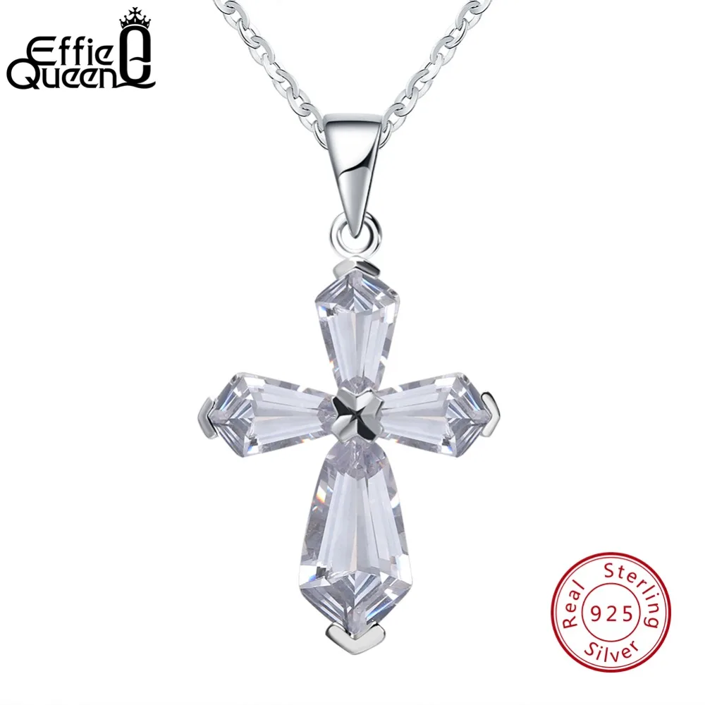 

Effie Queen Genuine 925 Sterling Silver Women Pendant & Necklace With Chain Cross Shape AAA CZ Female Wedding Party Jewelry BN66