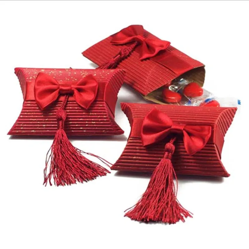 

Pillow Shaped Candy box Favor Box With Bow And Tassel beige and red 60pcs/lot
