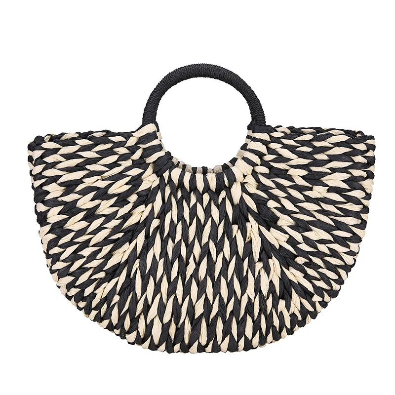 

Women Handbag Summer Beach Bag Rattan Woven Handmade Half moon Straw Large Capacity Totes Leather Women Shoulder Bag Bohemia New
