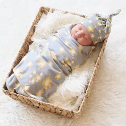 Мягкие Детские Пеленание + шляпа для маленьких Цветочный принт Постельные принадлежности пеленание Одеяло теплые для новорожденных