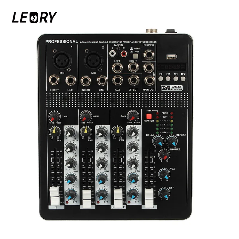 

bluetooth 4 Channel Audio Mixer 220V Karaoke Microphone Sound Mixing Amplifier Console With USB Built-in 48V Phantom Power