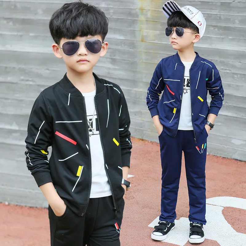

2018 Boys 3 Pieces Clothing Set Casual Fashion Geometric Stand Collar Long Sleeve Sport Suits For Spring And Autumn 120-160