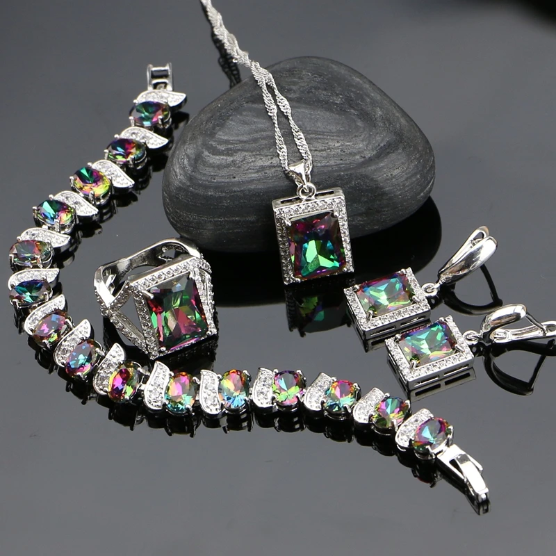Mystic Rainbow Fire, кубический цирконий, 925 пробы, серебряные Ювелирные наборы для женщин, вечерние серьги/кулон/ожерелье/Кольцо/браслет