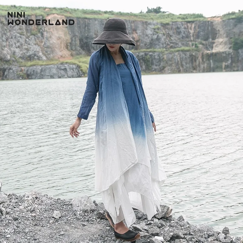 

NINI WONDERLAND Autumn Thin Trench Coat 2018 Spring Cardigan Women Cotton Fashion Gradient Big Size Coat Open Stitch coats