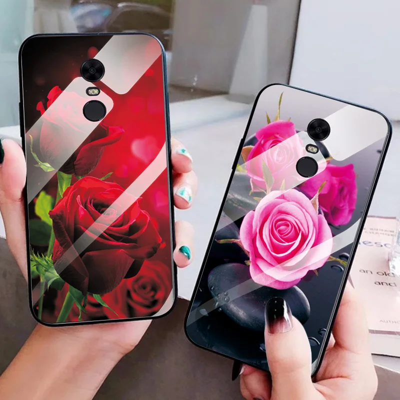 Закаленное стекло PC + силиконовый бампер для Xiaomi Redmi 5 Plus большая красная роза