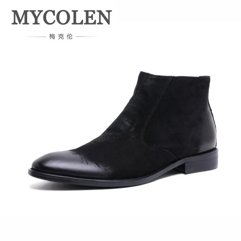 

MYCOLEN Men's Genuine Leather Ankle Boots Man Pointed Toe Punk British Style Chelsea Boot Zipper Mens Business Casual Shoes
