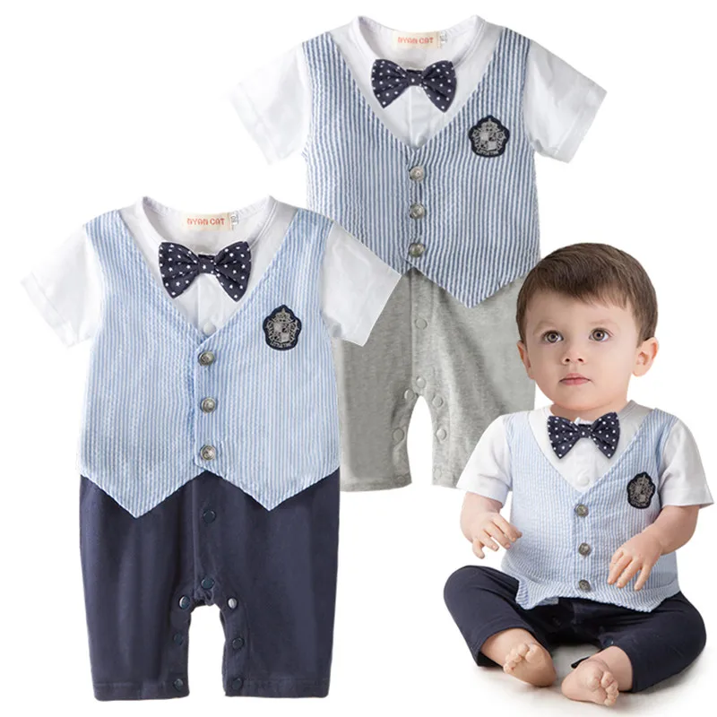 Baby Boy Rompers Summer Newborn Fake 2Pcs Gentleman Striped Short