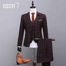 OSCN7 Темно-Коричневый Двубортный Костюм Мужской Плед Отпечатано Slim Fit Свадьба Жених Платье Костюмы Италии Мужские Костюмы