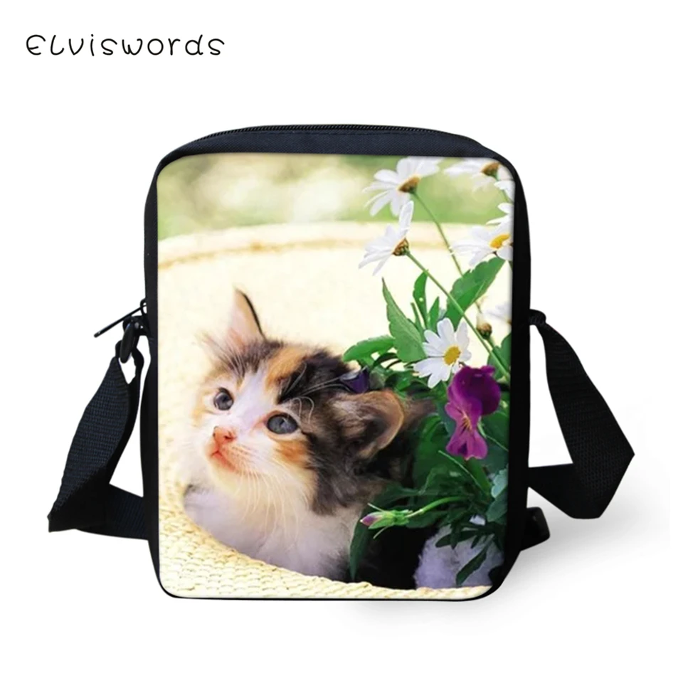

ELVISWORDS Fashion Messenger Bag Flower Leves Cats Prints Pattern Women's Bag Over the Shoulder Kawaii Crossbody Bags Mini Purse