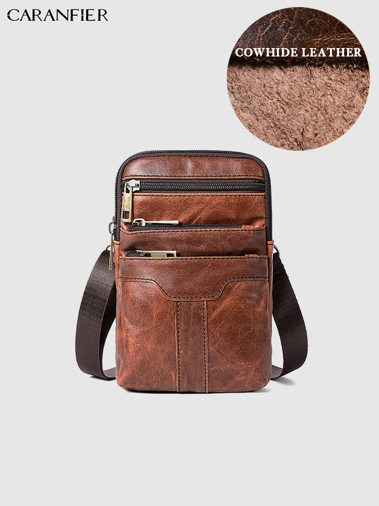 

CARANFIER Mens Waist Packs Vintage Small Bags Multi Function Shoulder Crossbody Bag Genuine Cowhide Leather Zipper Male Bookbags