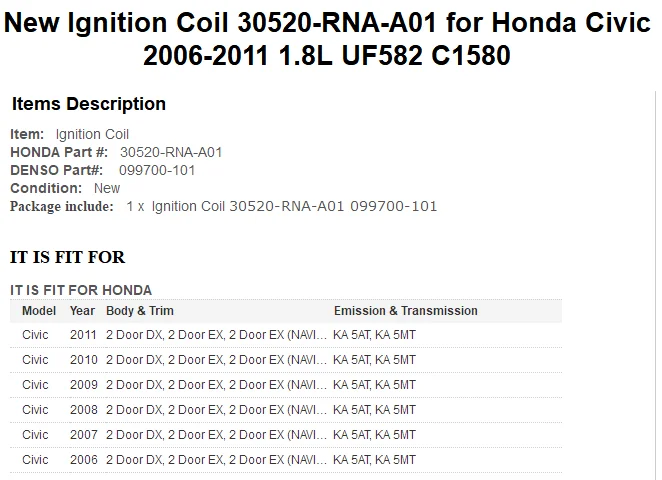 30520-RNA-A01 новая катушка зажигания для Civic 2006-2011 1.8L UF582 C1580 30520-RNA-A01/30520RNAA01/099700-101