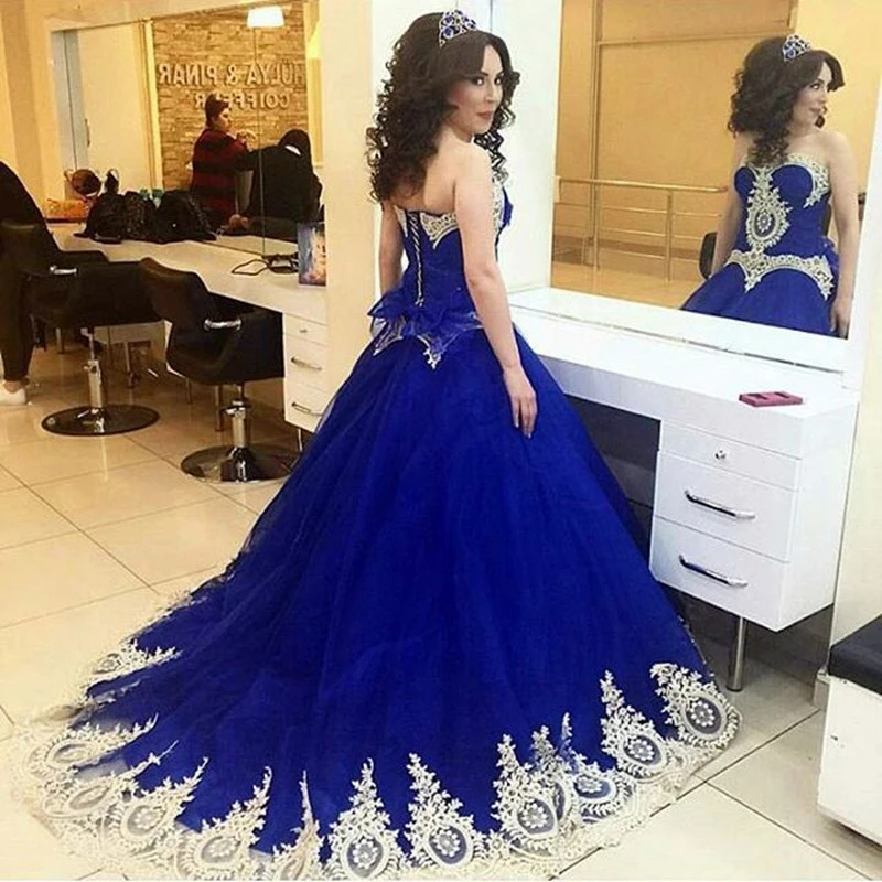 Vestidos De Novia 2017 Gold Lace Royal Blue Wedding Dresses Ball Vestidos De Novia 2017 Gold Lace Royal Blue Wedding Dresses Ball Gown Liques Bow Off The Shoulder Tulle Gowns In From