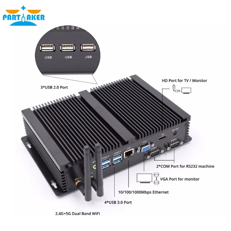 2 COM Industrial Rugged Mini PC Server with Intel Core i3 4010u 5005u i5 4200u i7 4