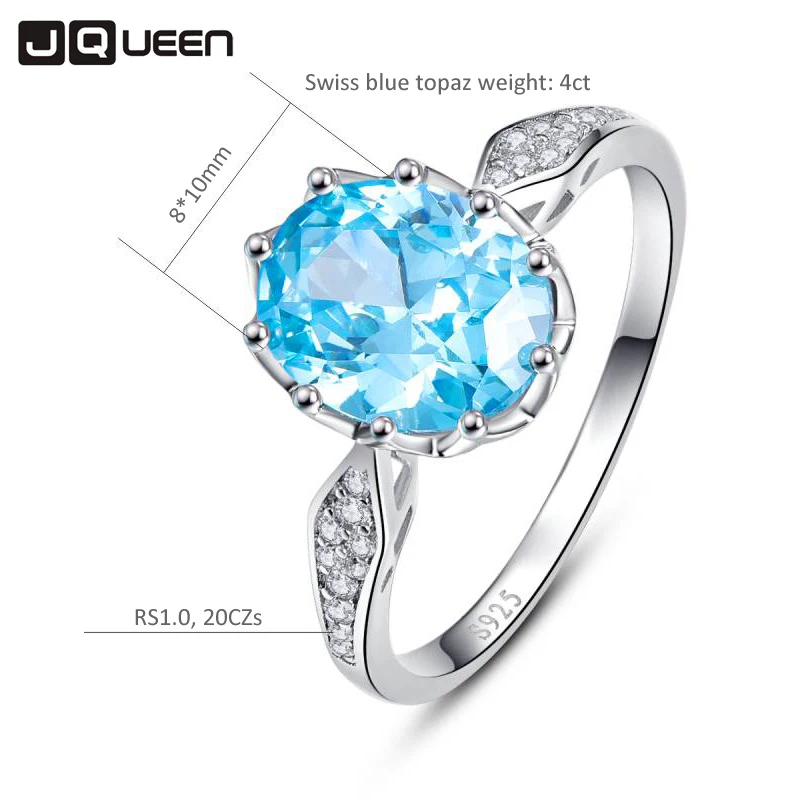 JQUEEN 4ct Голубой топаз кольца с драгоценными камнями 925 пробы серебро овальной огранки bijoux anel женское кольцо для женщин хорошее ювелирное изделие с подарочной коробкой